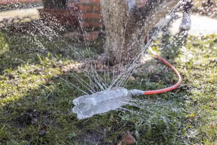 Bottle sprinkler watering garden.