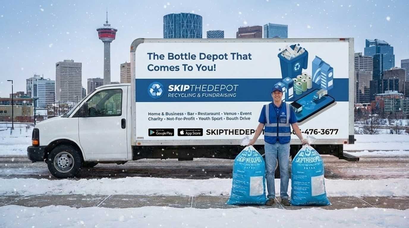SkipTheDepot driver collecting holiday bottle donations in Calgary for The Mustard Seed’s Spirit of Giving campaign, with the city skyline in the background.