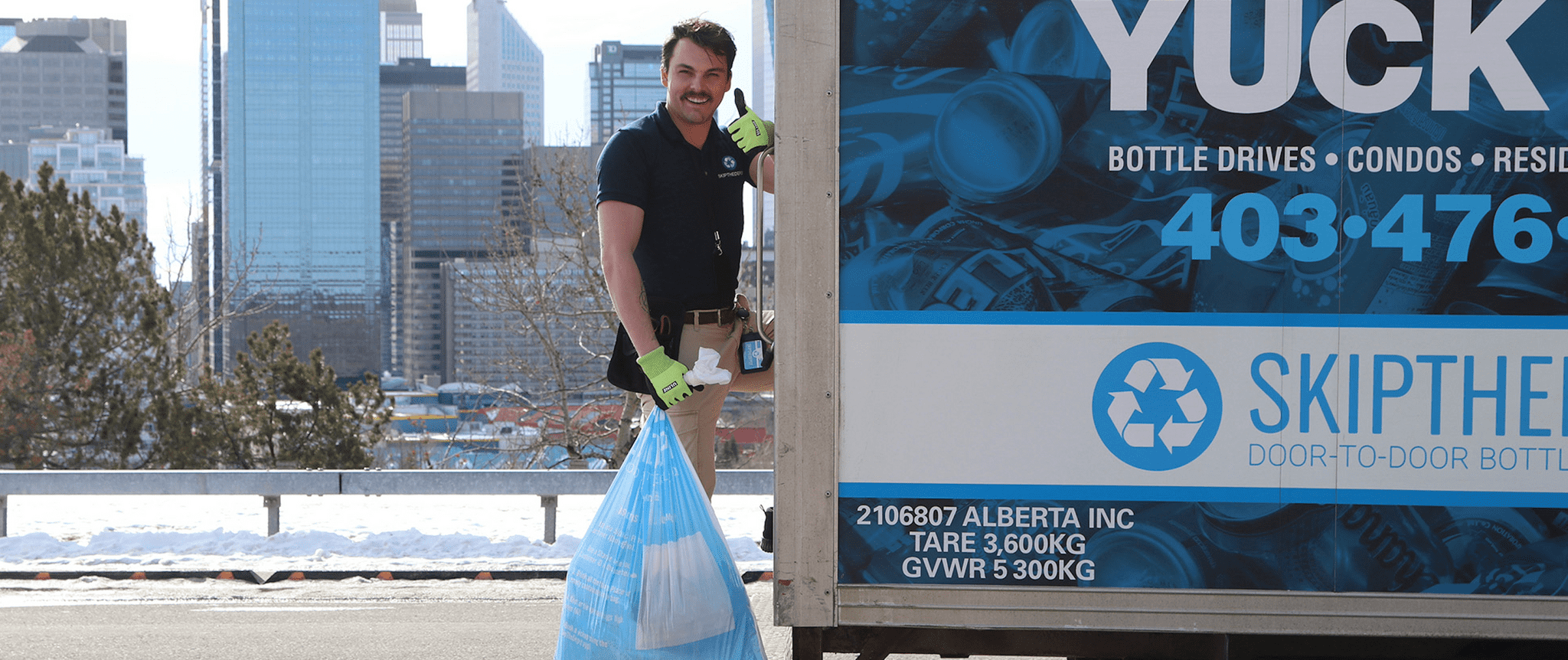 SkipTheDepot driver collecting bottle donations for Edmonton's Food Bank, the Calgary Food Bank, and the Lethbridge Food Bank. 