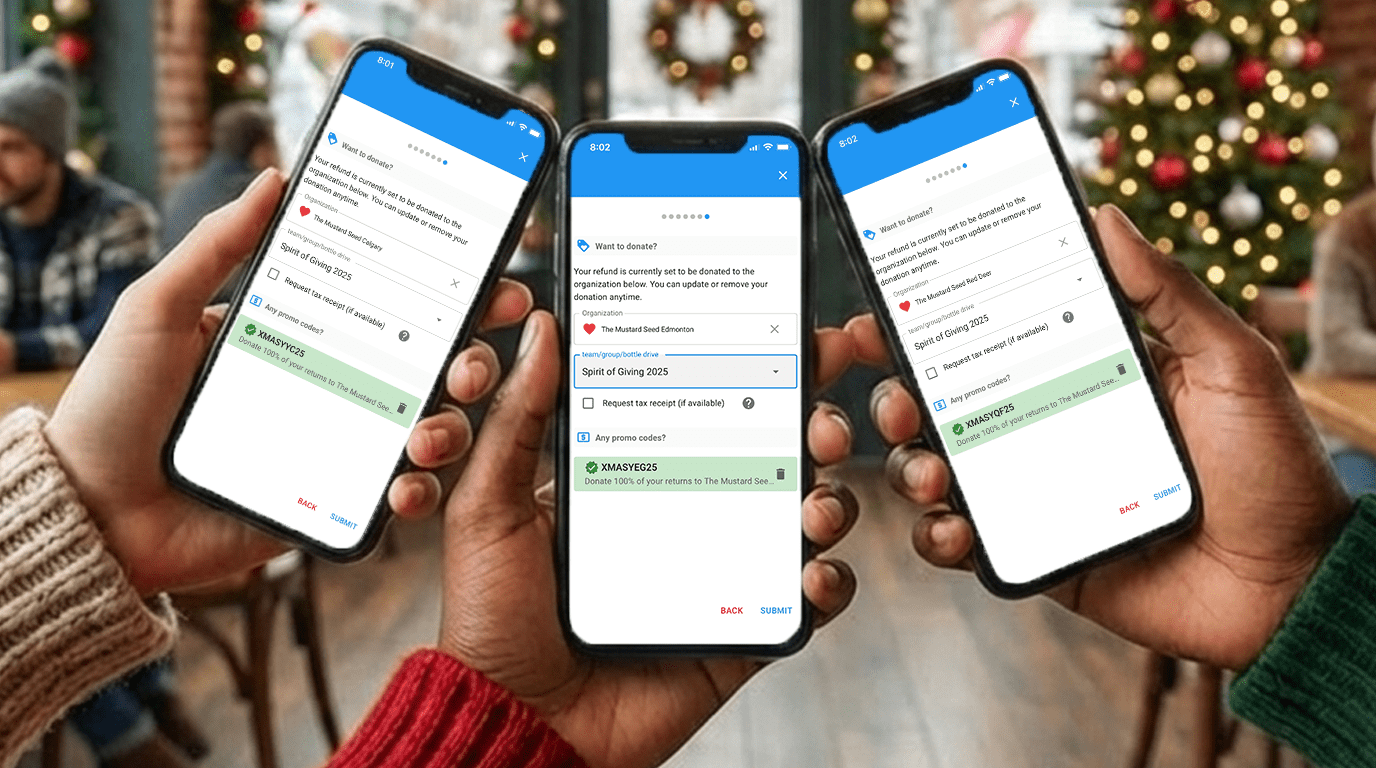 Hands holding phones showing the SkipTheDepot app with Spirit of Giving 2025 donation options for The Mustard Seed in Calgary, Edmonton, and Red Deer, each displaying their holiday promo codes.