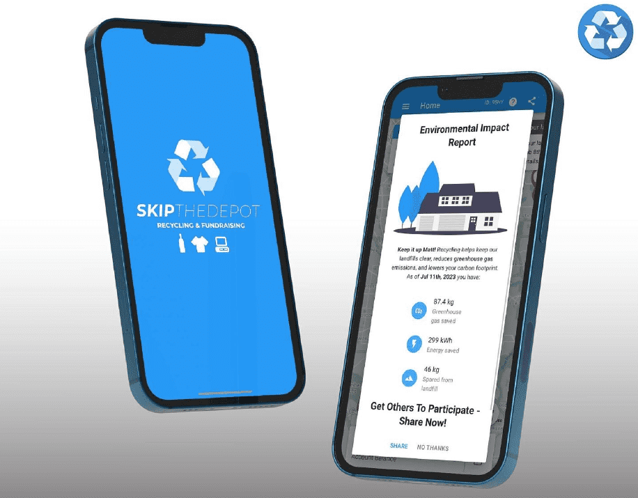 Smartphone screen displaying the SkipTheDepot app's Environmental Tracker with charts and graphs depicting sustainability and recycling statistics.