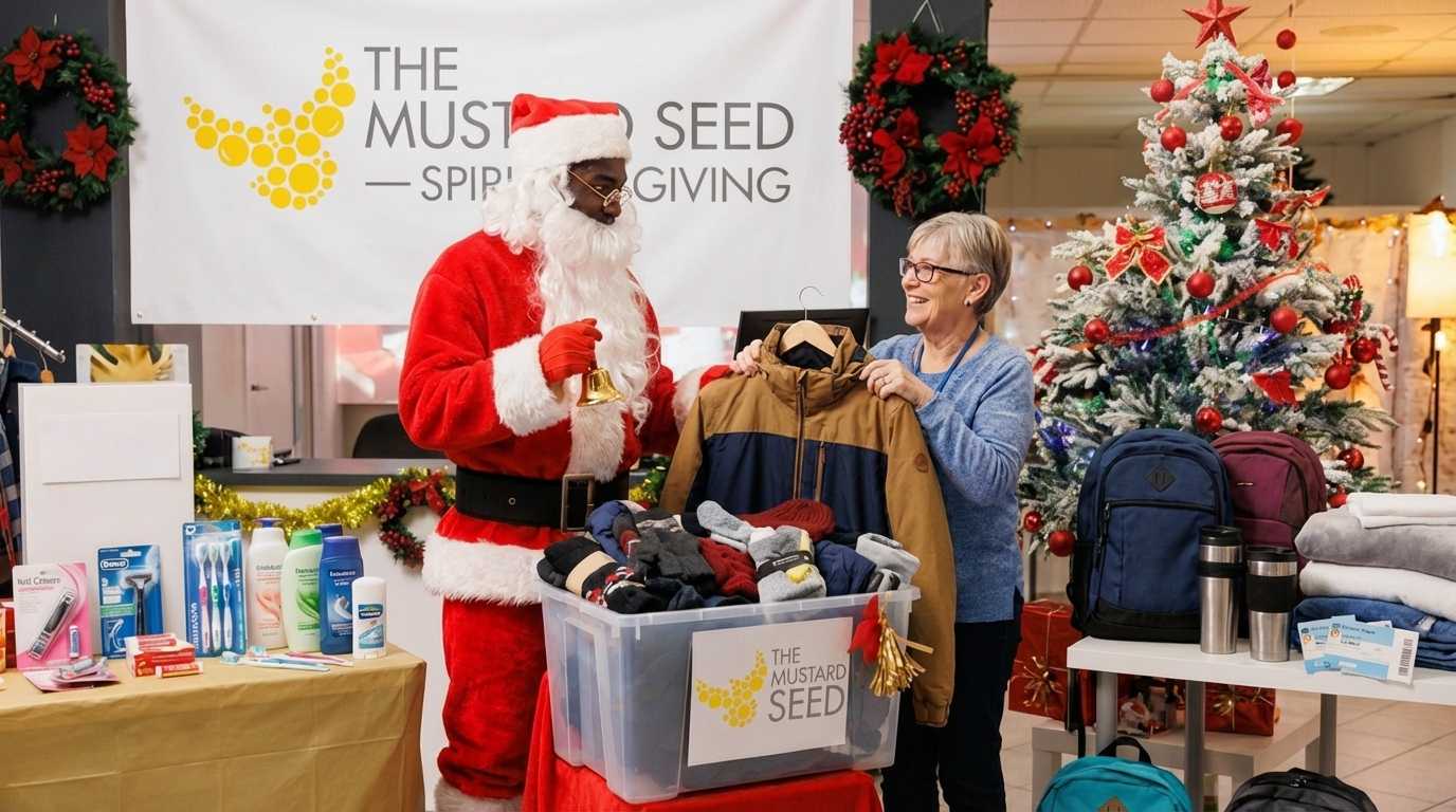 Santa and a volunteer sorting winter coats and essentials for The Mustard Seed’s Spirit of Giving holiday campaign, surrounded by festive decorations and donation items.