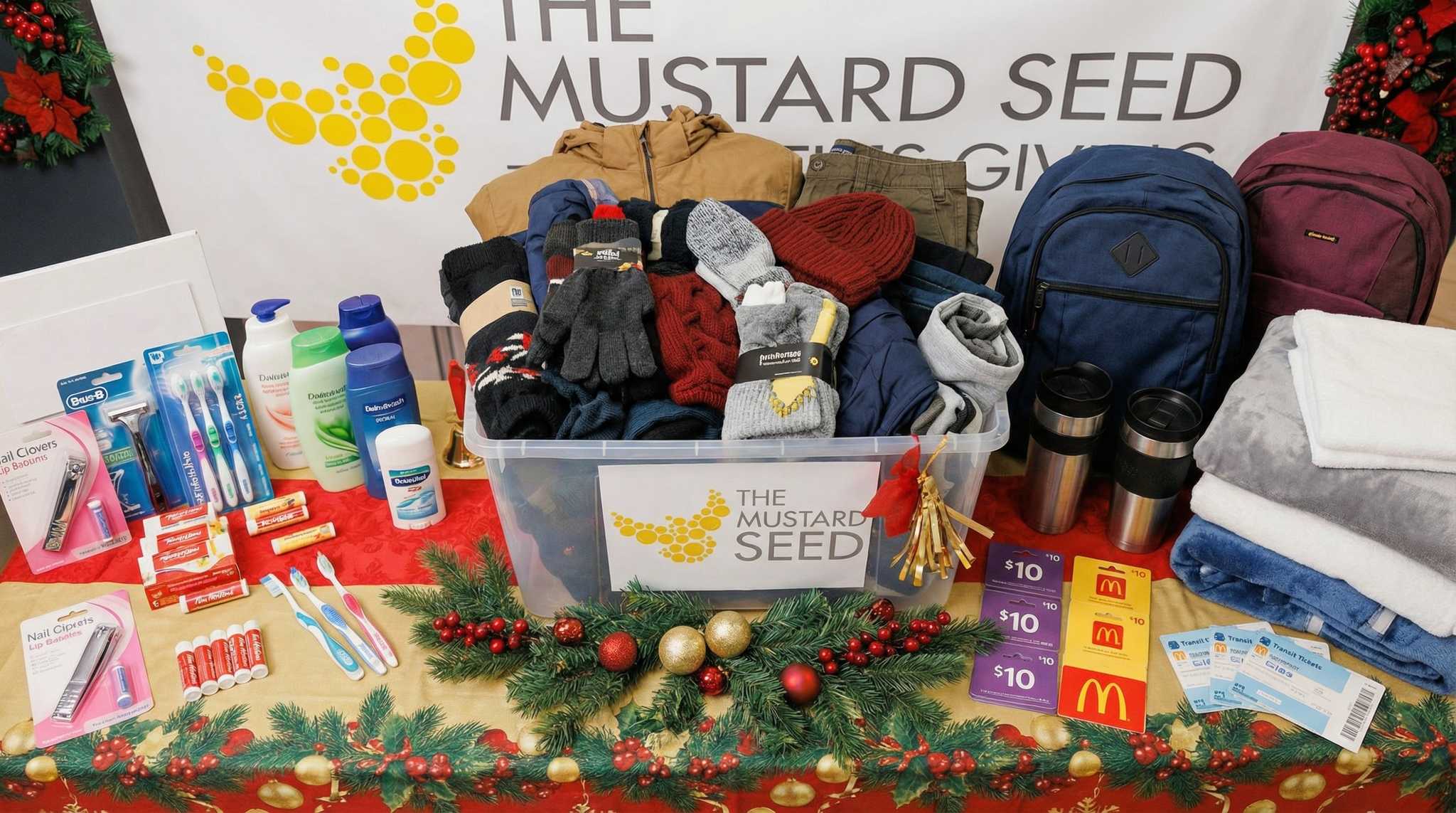 Winter clothing, hygiene items, backpacks, blankets, gift cards, and essentials collected for The Mustard Seed’s Spirit of Giving holiday campaign in Alberta.