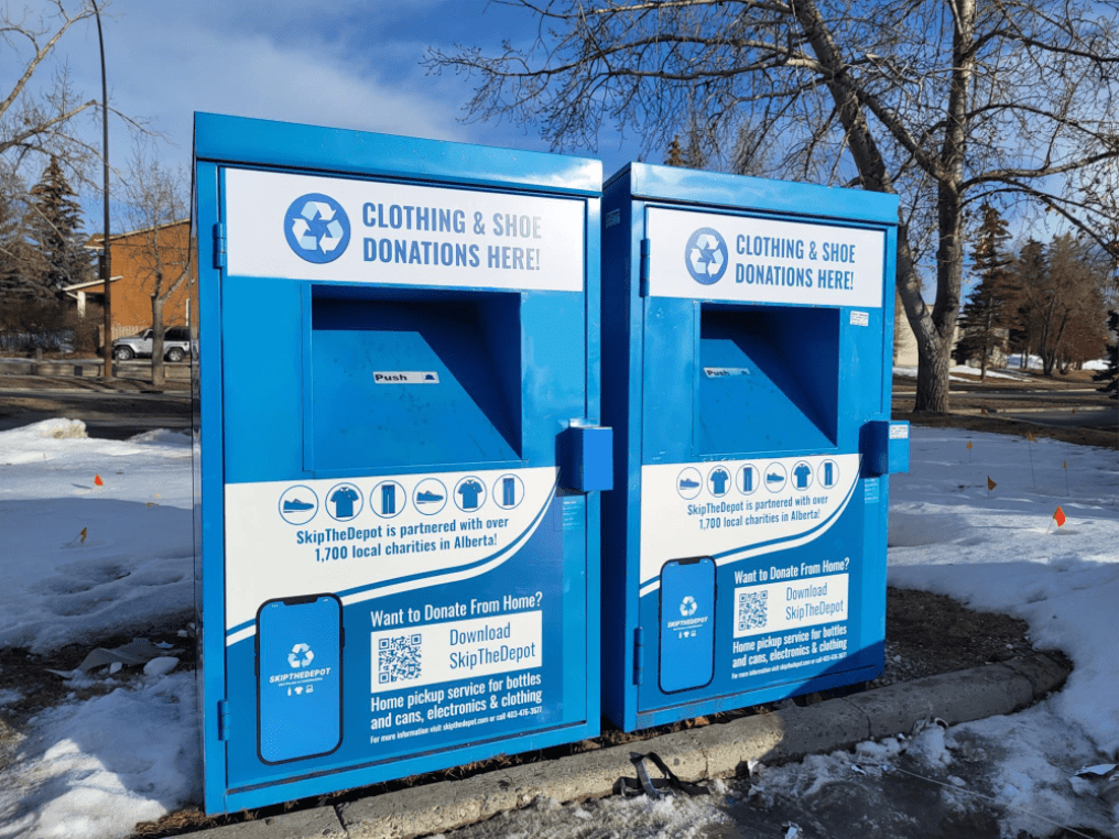 Two SkipTheDepot clothing bins side by side.