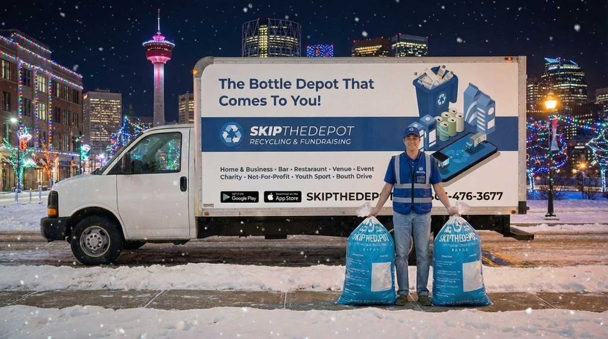 A SkipTheDepot bottle pickup truck is parked on a snowy street in downtown Calgary at night, with holiday lights in the background and a worker standing in front holding two SkipTheDepot recycling bags.